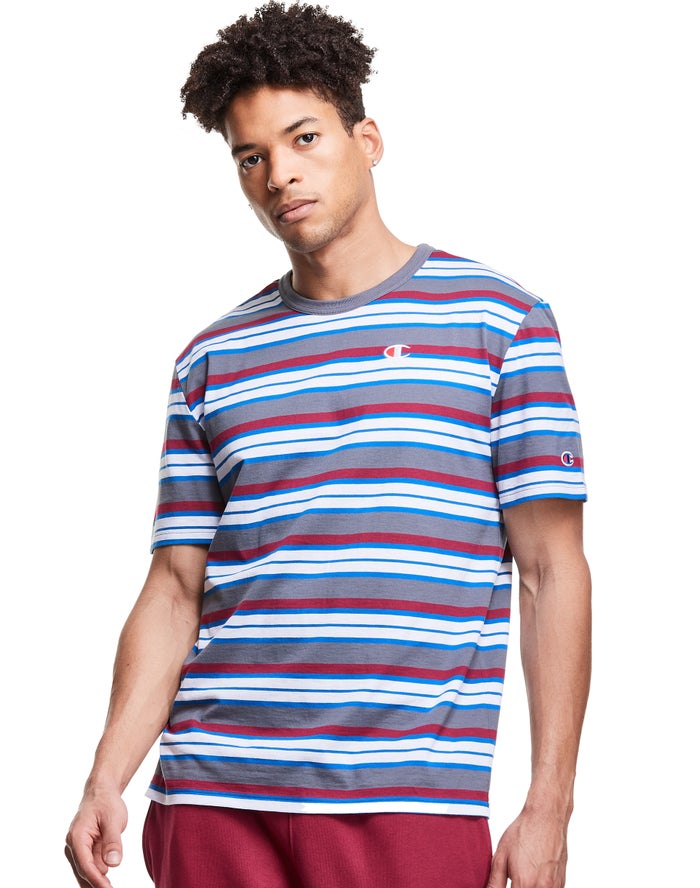 Camiseta Champion Hombre - Yarn-Dye Stripe C Logo ( Gris/Blancas/Rojas ) 5932617-NB